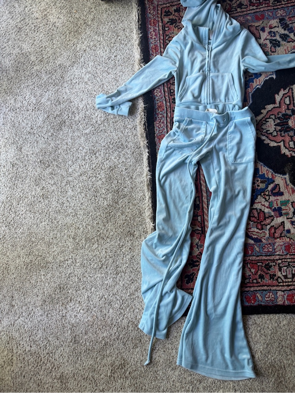 Light Blue Velour Zip Hoodie & Flared Sweatpants Set